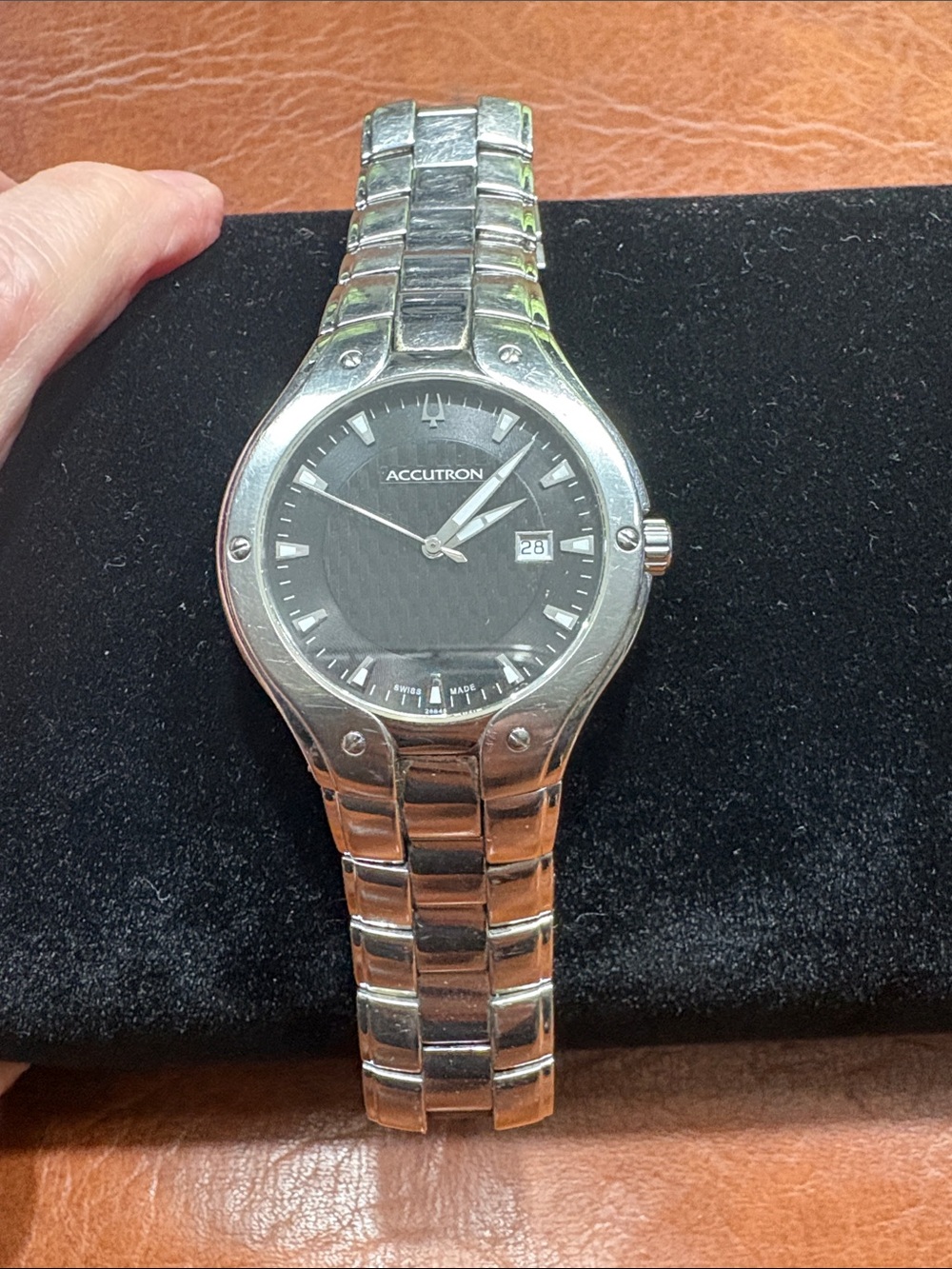 Accutron Men's Stainless Steel Silver Watch with Black Dial Sapphire Crystal